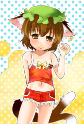 Rule 34 | 1girl, alternate costume, animal ears, bare shoulders, blush, brown eyes, brown hair, camisole, cat ears, cat girl, cat tail, chen, earrings, female focus, hat, jewelry, midriff, multiple tails, navel, off shoulder, short hair, shorts, smile, solo, strap slip, tail, takamoto akisa, touhou
