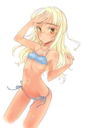 Rule 34 | 1girl, :o, aohashi ame, arm up, bikini, blonde hair, blue bikini, blush, breasts, commentary, cropped legs, dutch angle, glasses, groin, leaning forward, long hair, looking at viewer, lowleg, lowleg bikini, navel, parted lips, perrine h. clostermann, ribs, side-tie bikini bottom, small breasts, solo, standing, strike witches, swimsuit, tan, white background, world witches series, yellow eyes