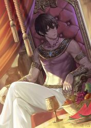 Rule 34 | 1boy, abs, arjuna (fate), bare arms, black eyes, black hair, closed mouth, cup, dark-skinned male, dark skin, fate/grand order, fate (series), fruit bowl, iketsumi, jewelry, muscular, muscular male, necklace, pants, see-through, sitting, solo, throne, white pants