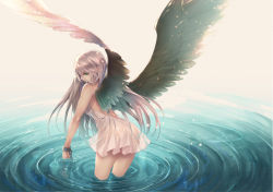 Rule 34 | 1girl, angel, angel wings, ass, chain, cuffs, dress, green eyes, lens flare, long hair, looking back, original, parted lips, partially submerged, ryouku, see-through, shackles, silver hair, solo, standing, wading, water, wet, wet clothes, wet dress, white dress, white wings, wings
