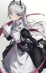 Rule 34 | 1girl, arknights, black dress, chichi guai, cowboy shot, dress, earrings, grey background, grey eyes, grey hair, head wings, headdress, highres, holding, holding notebook, irene (arknights), irene (voyage of feathers) (arknights), jewelry, long sleeves, looking at viewer, maid, notebook, simple background, solo, wings