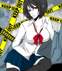 Rule 34 | 1girl, amitin, black thighhighs, bob cut, breasts, caution tape, durarara!!, glasses, keep out, large breasts, pleated skirt, red eyes, short hair, skirt, solo, sonohara anri, thighhighs, zettai ryouiki