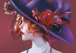 Rule 34 | 1girl, absurdres, earrings, flower, hat, hat feather, hat flower, highres, jewelry, lady pearl (path to nowhere), lipstick, listen2me, looking to the side, makeup, necklace, path to nowhere, pearl necklace, portrait, red background, red hair, simple background, solo