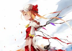 Rule 34 | 1girl, ascot, blonde hair, bow, crop top, crystal, flandre scarlet, from side, hat, hat bow, hat ribbon, laevatein, midriff, mob cap, petals, red eyes, ribbon, short hair, side ponytail, skirt, solo, standing, tetsurou (fe+), touhou, upper body, wings