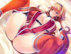 Rule 34 | 1girl, blush, breasts, cleavage, covered erect nipples, game cg, hip focus, large breasts, maria fonte reibentol, obscene guild, solo, spread legs, tel-o, thick thighs, thighhighs, thighs, wide hips, yatagarasu (company)