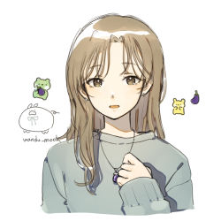 Rule 34 | 1girl, artist logo, artist name, brown eyes, brown hair, commentary, earrings, eggplant, grey sweater, hand up, highres, jewelry, long hair, long sleeves, looking at viewer, necklace, original, parted lips, simple background, sleeves past wrists, solo, sweater, symbol-only commentary, upper body, wandu mook, white background