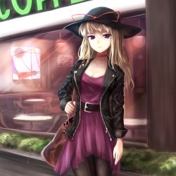 Rule 34 | 1girl, alternate costume, alternate headwear, bad id, bad pixiv id, bag, belt, black pantyhose, blonde hair, breasts, cafe, chair, choker, cleavage, contemporary, contrapposto, dress, handbag, hat, highres, jacket, leather, leather jacket, light smile, long hair, long sleeves, looking at viewer, minust, open clothes, open jacket, pantyhose, purple dress, purple eyes, solo, standing, storefront, table, touhou, yakumo yukari