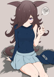 Rule 34 | 1girl, absurdres, animal ears, arm support, baseball cap, blue shirt, blush, breasts, brown background, brown hair, closed mouth, ears down, feet out of frame, grey skirt, hair over one eye, hand up, hat, highres, horse ears, horse girl, horse tail, impossible clothes, long hair, looking at viewer, purple eyes, rice shower (boc&#039;z) (umamusume), rice shower (umamusume), shijimi (sijimi1917), shirt, shirt tucked in, single sleeve, sitting, skirt, small breasts, solo, spoken squiggle, squiggle, sweatdrop, tail, tears, umamusume, unworn hat, unworn headwear