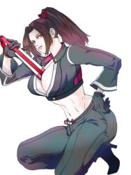 Rule 34 | 1girl, between breasts, black gloves, black pants, breasts, brown eyes, brown hair, fatal fury, fatal fury: city of the wolves, gloves, hand fan, hand on own hip, high heels, highres, holding, holding fan, light smile, looking at viewer, midriff, mojyavoltage6, ninja, pants, ponytail, shiranui mai