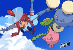 Rule 34 | 1girl, :d, blue eyes, blue footwear, blue gloves, blue jacket, boots, breasts, bright pupils, cloud, commentary, creatures (company), day, evolutionary line, flying, game freak, gen 2 pokemon, gigobyte350, gloves, hair ornament, happy, highres, hoppip, jacket, jumpluff, nintendo, one side up, open mouth, outdoors, outstretched arms, pokemon, pokemon (creature), pokemon bw, sidelocks, skiploom, sky, skyla (pokemon), smile, tongue, white pupils