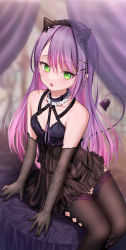 Rule 34 | 1girl, :o, argyle, argyle clothes, argyle legwear, bare shoulders, bed, black panties, black thighhighs, blurry, breasts, canopy bed, choker, collarbone, demon tail, depth of field, dress, elbow gloves, frilled dress, frilled thighhighs, frills, garter belt, gloves, gothic lolita, green eyes, hair between eyes, highres, hololive, legs together, lingerie, lolita fashion, long hair, negligee, on bed, panties, parted bangs, petite, rryiup, see-through, sitting, small breasts, straight hair, tail, thighhighs, tokoyami towa, underwear, underwear only, virtual youtuber, zettai ryouiki