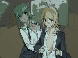 Rule 34 | 2girls, bandage on face, bandages, black jacket, black necktie, blonde hair, blood, bloody bandages, blouse, blue eyes, bow, bow hairband, car interior, commentary, expressionless, green eyes, green hair, gumi, hair bow, hairband, jacket, kagamine rin, looking at another, looking at viewer, medium hair, multiple girls, necktie, open clothes, open shirt, scar, scar on neck, shirt, short hair, sidelocks, sketch, undressing, vocaloid, white bow, white shirt, wounds404