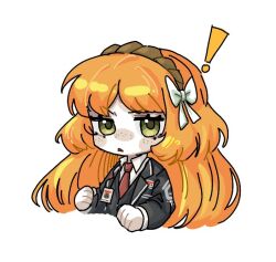 Rule 34 | !, 1girl, brown hairband, chibi, chinese commentary, collared shirt, commentary request, freckles, green eyes, grey jacket, grey vest, hair ribbon, hairband, ishmael (project moon), jacket, limbus company, long hair, long sleeves, meimingzi45873, necktie, open clothes, open jacket, open mouth, orange hair, project moon, red necktie, ribbon, shirt, simple background, solo, triangle mouth, upper body, vest, white background, white ribbon, white shirt
