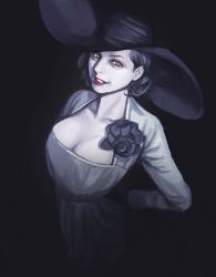 Rule 34 | 1girl, alcina dimitrescu, black flower, black hair, breasts, cleavage, dress, flower, hat, highres, large breasts, lipstick, looking at viewer, makeup, mamekusa shirou, pale skin, red lips, resident evil, resident evil village, smile, solo, sun hat, yellow eyes
