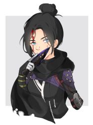 Rule 34 | 1girl, animification, apex legends, black bodysuit, black hair, black scarf, blood, blood on face, bodysuit, border, breasts, commentary, covered mouth, english commentary, grey background, hair behind ear, hair bun, highres, holding, holding knife, itsaboutspoons, knife, kunai, looking to the side, medium breasts, nose piercing, outside border, parted bangs, piercing, scarf, single hair bun, solo, upper body, weapon, white border, wraith&#039;s kunai, wraith (apex legends)