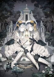 Rule 34 | 2girls, absurdres, beret, black vs white, boots, closed eyes, crescent, dress, flower, grey hair, hat, highres, hihara you, knee boots, looking at viewer, monument, multiple girls, night, night sky, official art, original, outstretched hand, siblings, sky, sleeves past fingers, sleeves past wrists, smile, star (sky), star (symbol), tree, twins, white dress, white flower, white footwear, white headwear, yellow eyes, yellow nails