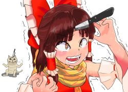 Rule 34 | 1girl, benikurage (cookie), bow, brown eyes, brown hair, cat, commentary request, cookie (touhou), detached sleeves, frilled bow, frilled hair tubes, frills, hair bow, hair tubes, hakurei reimu, knife, knife in head, knifed, manatsu no yo no inmu, medium hair, miura cat, object through head, open mouth, orange scarf, pai kebon baa, parted bangs, ponytail, red bow, red shirt, ribbon-trimmed sleeves, ribbon trim, scarf, shirt, simple background, sleeveless, sleeveless shirt, solo, striped clothes, striped scarf, sweat, teeth, touhou, trembling, upper body, white background, yellow scarf