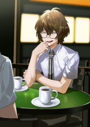 Rule 34 | 2boys, akechi gorou, amamiya ren, bespectacled, black-framed eyewear, brown hair, closed eyes, collared shirt, cup, disguise, glasses, male focus, multiple boys, necktie, nk sita, official alternate hairstyle, open mouth, persona, persona 5, saucer, shirt, short sleeves, solo focus, striped necktie, table, twitter username, vertical-striped clothes, vertical-striped necktie, white shirt