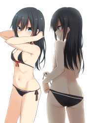 Rule 34 | 1girl, asashio (kancolle), ass, bare shoulders, bikini, black bikini, black hair, blue eyes, blush, breasts, butt crack, closed mouth, contrapposto, cowboy shot, hair between eyes, hands up, highres, kantai collection, looking at viewer, multiple views, nagami yuu, side-tie bikini bottom, simple background, single horizontal stripe, small breasts, standing, swimsuit, white background