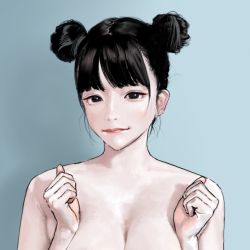 Rule 34 | 1girl, bare shoulders, black eyes, black hair, blunt bangs, breasts, breasts squeezed together, double bun, hair bun, hiramedousa, lips, looking at viewer, original, out-of-frame censoring, portrait, simple background, smile, solo, upper body