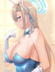 Rule 34 | 1girl, animal ears, artist name, asuna (blue archive), asuna (bunny) (blue archive), bare shoulders, blue archive, blue bow, blue bowtie, blue eyes, blue leotard, blue ribbon, blush, bow, bowtie, breasts, brown hair, cleavage, commentary request, detached collar, fake animal ears, finger to mouth, gloves, hair ribbon, halo, highres, index finger raised, indoors, large breasts, leotard, light particles, long hair, looking at viewer, looking to the side, mitsukayurie, mole, mole on breast, official alternate costume, playboy bunny, ribbon, solo, strapless, strapless leotard, upper body, window