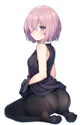 Rule 34 | 1girl, ass, bare shoulders, black dress, black pantyhose, blush, breasts, dress, fate/grand order, fate (series), from behind, hair over one eye, higher resolution available, highres, jp06, kneeling, looking at viewer, mash kyrielight, medium breasts, no shoes, panties, panties under pantyhose, pantyhose, purple eyes, short hair, simple background, sitting, solo, underwear, white background