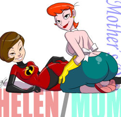 Rule 34 | 2girls, aeolus, apron, arm support, ass, black eyes, black gloves, bodysuit, breasts, brown eyes, brown hair, butt crack, chibi, crossover, curvy, dexter&#039;s laboratory, dexter&#039;s mom, earrings, elastigirl, elbow gloves, english text, female focus, full body, gloves, hand on own hip, helen parr, huge ass, jewelry, kneeling, large breasts, legs apart, lips, lipstick, looking at viewer, looking to the side, makeup, mature female, mother&#039;s day, motion lines, multiple girls, open mouth, orange hair, pants, plump, revealing clothes, seductive smile, sex, sex from behind, shiny skin, shirtless (female), short hair, signature, simple background, smile, standing, superhero costume, the incredibles, thong, tongue, tongue out, trait connection, white background, yellow gloves