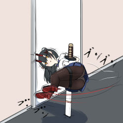 Rule 34 | 1girl, akaoni (zumt3548), ass, azur lane, black hair, blue skirt, breasts, collared shirt, commentary request, door, full body, gloves, hair between eyes, hair ornament, horns, indoors, large breasts, long hair, looking up, motion lines, oni horns, panties, panties under pantyhose, pantyhose, parted lips, planted, planted sword, planted weapon, pleated skirt, purple neckwear, red horns, rudder footwear, shadow, sheath, sheathed, shirt, short sleeves, sidelocks, single glove, skirt, solo, sound effects, suzuya (azur lane), sword, thigh strap, underwear, upskirt, weapon, white gloves, white panties, white shirt, yellow eyes