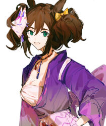 Rule 34 | 1girl, animal ears, blue eyes, breasts, brown hair, chest sarashi, cleavage, fang, fox mask, hair between eyes, hand on own hip, highres, hikawayunn, horse ears, horse girl, inari one (umamusume), japanese clothes, kimono, large breasts, long sleeves, looking at viewer, mask, open mouth, purple kimono, sarashi, short hair, simple background, smile, solo, twintails, umamusume, white background