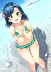 Rule 34 | 1girl, bashosho, bikini, blue hair, blush, braid, breasts, dutch angle, highres, idolmaster, idolmaster million live!, medium breasts, nanao yuriko, navel, open mouth, own hands clasped, own hands together, short hair, smile, solo, swimsuit, wading, yellow eyes