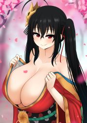 Rule 34 | 1girl, absurdres, asymmetrical hair, azur lane, black hair, blush, breasts, center opening, cherry blossoms, cleavage, hair between eyes, hair ornament, highres, huge breasts, japanese clothes, long hair, looking at viewer, ponytail, red eyes, smug, solo, taihou (azur lane), the only shoe