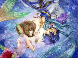 Rule 34 | 1boy, 1girl, back, belt, blue background, blue hair, blue scarf, bracelet, breasts, brown hair, bubble, coat, couple, covering privates, covering breasts, epaulettes, eye contact, fins, from side, head fins, hetero, jewelry, kaito (vocaloid), lips, looking at another, medium breasts, meiko (vocaloid), mermaid, monster girl, nail polish, nude, reaching, ribbon, rotational symmetry, scarf, see-through, short hair, sideboob, suiun jun, upside-down, vocaloid