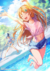 Rule 34 | 2girls, amiami (company), amico, arms up, barefoot, blue shirt, breasts, day, denim, denim shorts, hair between eyes, highres, holding, holding hose, hose, jumping, lilco, long hair, multiple girls, official art, one eye closed, open mouth, orange hair, outdoors, pink shirt, ponytail, pool, shirt, shorts, sky, small breasts, two side up, very long hair, water, wet, wet clothes, wet shirt, yumekui