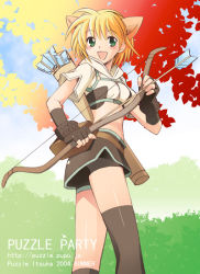 Rule 34 | 1girl, :d, animal ears, arrow (projectile), asymmetrical legwear, autumn leaves, bike shorts, bike shorts under skirt, black thighhighs, blonde hair, bow, bow (weapon), cat ears, cowboy shot, fake animal ears, fingerless gloves, gloves, green eyes, happy, holding, holding weapon, hunter, hunter (ragnarok online), looking at viewer, midriff, mismatched legwear, navel, open mouth, quiver, ragnarok online, short hair, shorts, shorts under skirt, skirt, smile, solo, standing, stomach, thighhighs, weapon