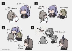 Rule 34 | 4girls, ^^^, ahoge, assault lily, bag, black jacket, blue bow, blue hairband, blunt bangs, bow, bow hairband, bowtie, braid, brown hair, chibi, comic, cropped torso, failure, food, french braid, fukuyama jeanne sachie, giving, grey background, grey hair, hair bow, hair ribbon, hairband, hands up, herensuge girls academy school uniform, high ponytail, highres, holding, holding bag, jacket, juliet sleeves, kabayaki (kabayaki eel), kishimoto lucia raimu, kuroki francisca yuria, long hair, long sleeves, looking at another, looking at food, ludvico private girls&#039; academy school uniform, medium hair, motion lines, multicolored hair, multiple girls, no mouth, open mouth, outstretched arms, pink bow, pink bowtie, ponytail, profile, puffy sleeves, purple hair, ribbon, sasaki ran, school uniform, simple background, sleeves past fingers, sleeves past wrists, solid oval eyes, streaked hair, to be continued, translated, trembling, twin braids, twintails, twitter username, untying, wagashi, white jacket, white ribbon