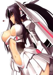 Rule 34 | 10s, 1girl, absurdres, black hair, breasts, from side, grey eyes, hair ornament, highres, long hair, navel, phantom queen ex-xecty, ponytail, sega, shining (series), shining hearts, simple background, solo, third-party edit, tony taka, white background