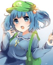 Rule 34 | 1girl, backpack, bad id, bad twitter id, bag, blue eyes, blue hair, blush, green hat, hair bobbles, hair ornament, hand up, hat, holding, karasusou nano, kawashiro nitori, key, long sleeves, looking at viewer, open mouth, solo, touhou, twintails, two side up