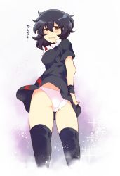 Rule 34 | 1girl, ass, black dress, black hair, black thighhighs, blush, breasts, commentary request, dress, fat mons, from behind, highres, houjuu nue, kneepits, looking at viewer, looking back, no wings, open mouth, panties, pantyshot, pink panties, purple background, red eyes, sad, sato (hekiga ni nemuru), short dress, simple background, small breasts, solo, sparkle, standing, thighhighs, thighs, touhou, underwear, white background, wristband