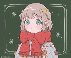 Rule 34 | 1girl, blush stickers, december, greyscale, highres, idolmaster, idolmaster shiny colors, looking at viewer, monochrome, pom pom (clothes), serizawa asahi, simple background, snowflake print, solo, sorcery, sweater, two side up, upper body