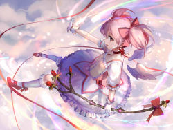 Rule 34 | 10s, 1girl, absurdres, arm garter, bow, buttons, choker, cloud, cloudy sky, collarbone, detached wings, feathered wings, flower, frilled legwear, frilled skirt, frills, from side, full body, gloves, hair bow, highres, kaname madoka, light particles, looking at viewer, mahou shoujo madoka magica, mahou shoujo madoka magica (anime), open mouth, pink eyes, pink hair, puffy short sleeves, puffy sleeves, red bow, red flower, red footwear, red ribbon, ribbon, shoes, short sleeves, sishenfan, skirt, sky, smile, solo, twintails, two side up, wand, white gloves, white legwear, white wings, wings