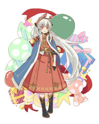 Rule 34 | 1girl, arknights, black footwear, black gloves, blue cape, boots, box, candy, cape, dress, food, full body, gift, gift box, gloves, grey hair, harami (hara 333), headgear, highres, long hair, looking at viewer, official alternate costume, open mouth, oversized object, red dress, red eyes, solo, standing, very long hair, weedy (arknights), weedy (candy cape) (arknights), white background