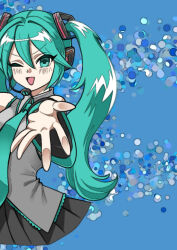 Rule 34 | 1girl, beckoning, black skirt, blue background, blue eyes, blue hair, blue necktie, collared shirt, commentary request, cropped legs, grey shirt, hatsune miku, headset, koze niire, looking at viewer, necktie, one eye closed, open mouth, outstretched hand, pleated skirt, shirt, skirt, sleeveless, sleeveless shirt, smile, solo, twintails, vocaloid