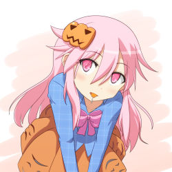 Rule 34 | 1girl, blush, candy, cato (monocatienus), food, food in mouth, hata no kokoro, head tilt, jack-o&#039;-lantern, lollipop, long hair, looking at viewer, mask, mask on head, pink eyes, pink hair, pumpkin, smile, solo, touhou, unmoving pattern, v arms