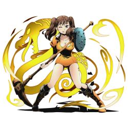 Rule 34 | 10s, 1girl, alpha transparency, boots, breasts, brown eyes, brown hair, cleavage, collarbone, diane (nanatsu no taizai), divine gate, full body, holding, holding weapon, leotard, long hair, looking at viewer, nanatsu no taizai, official art, one eye closed, orange footwear, orange leotard, shadow, solo, standing, transparent background, twintails, ucmm, war hammer, warhammer, weapon
