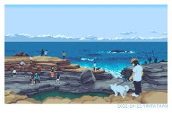 Rule 34 | 6+others, ambiguous gender, artist name, black pants, blue sky, brown headwear, dated, day, dog, faceless, holding, holding leash, horizon, leash, multiple others, ocean, original, outdoors, pants, pixel art, rock, scenery, shirt, short sleeves, sky, toyoi yuuta, white shirt