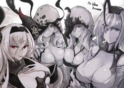 Rule 34 | 4girls, abyssal ship, air defense cruiser princess, air defense princess, blue eyes, breasts, cleavage, collarbone, dress, entombed air defense guardian princess, entombed anti-air guardian winter princess, finger to mouth, frown, grey dress, hair over one eye, hairband, headgear, highres, horns, kantai collection, large breasts, licking, licking finger, long hair, looking at viewer, mizuchi (mizuchi7118), multiple girls, pale skin, red eyes, sidelocks, simple background, smile, white background, yellow eyes