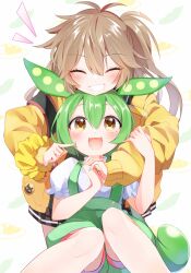 Rule 34 | 2girls, :3, antenna hair, armband, badge, bandaid, blue nails, blush, button badge, cardigan, cat, closed eyes, commentary request, curry, curry rice, edamame, finger to another&#039;s cheek, food, green hair, green suspenders, grin, hair between eyes, hand on another&#039;s arm, highres, holding hands, kasukabe tsumugi, knees, light brown hair, long hair, looking at another, low ponytail, mani (manidrawings), messy hair, mole, mole under eye, multiple girls, nail polish, one side up, open cardigan, open clothes, open mouth, plaid, plaid skirt, pleated skirt, ponytail, puffy short sleeves, puffy shorts, puffy sleeves, rice, scrunchie, shirt, short sleeves, shorts, sitting, skirt, smile, suspender shorts, suspenders, teeth, very long hair, voicevox, white shirt, yellow eyes, yuri, zundamon