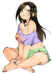 Rule 34 | 1girl, absurdres, bare arms, bare legs, bare shoulders, barefoot, black hair, breasts, cleavage, clenched teeth, commentary, cosplay, embarrassed, green eyes, green skirt, highres, idolmaster, idolmaster cinderella girls, indian style, kohinata miho, kohinata miho (cosplay), large breasts, long hair, looking away, midriff, miniskirt, miridereningen, mukai takumi, navel, off shoulder, on floor, shirt, sitting, skirt, solo, sweatdrop, t-shirt, teeth, undersized clothes, white background