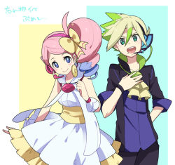 Rule 34 | 10s, 1boy, 1girl, ahoge, arm behind back, arm up, ascot, blue eyes, blue hair, blush, creatures (company), curtis (pokemon), dress, drill hair, game freak, green eyes, green hair, hair between eyes, hair ribbon, hand on own chest, headset, height difference, leaning, leaning forward, looking at viewer, microphone, mole, multicolored hair, nintendo, open mouth, pink hair, poke ball, pokemon, pokemon bw2, ribbon, shuri (84k), side ponytail, sleeveless, sleeves rolled up, smile, spiked hair, swept bangs, teeth, wrist cuffs, wristband, yancy (pokemon)