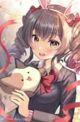 Rule 34 | 1girl, ahoge, animal ears, black jacket, blazer, blurry, blurry background, blush, bow, bowtie, branch, brown hair, cardigan, cherry blossoms, collared shirt, commentary request, confetti, crossed bangs, d4dj, depth of field, drill hair, fake animal ears, fingernails, flower, gradient background, gradient hair, grey background, hair bow, hairband, hand up, highres, holding, holding stuffed toy, jacket, lens flare, light particles, long sleeves, looking at viewer, medium hair, multicolored hair, nyochio (d4dj), ohnaruto muni, open mouth, pink cardigan, pink flower, pink hair, rabbit ears, red bow, red bowtie, red ribbon, ribbon, school uniform, shindoi akio, shirt, sidelocks, smile, solo, stuffed animal, stuffed cat, stuffed toy, teeth, twin drills, twintails, twitter username, two-tone hair, upper body, upper teeth only, white background, white hairband, white shirt, yellow eyes